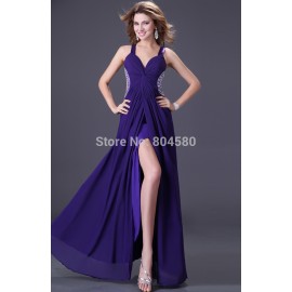  In stock Sexy V-neck split Long Formal Prom gown Royal Purple Navy Blue Evening Dress party elegant  CL4100