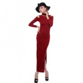 Glamour High Neck Shoulder Hollow Out Design Solid Color Long Sleeve Slim Fit Women's Maxi Dress