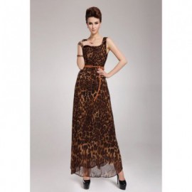 Leopard Print Scoop Neck Sleeveless Chiffon Retro Style Women's Maxi-Dress