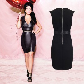 2015 New Fashion V Neck Black Leather Mini Summer Dresses Sexy Bodycon Bandage Party Dresses Desigual Vestidos Women Dress 9417