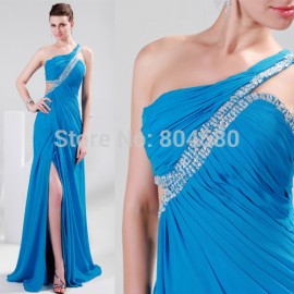    Stock Floor Length One shoulder Long Chiffon Blue Formal Evening dresses CL4947