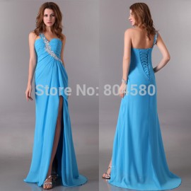   Fashion One shoulder Blue Purple Chiffon bandage Party dress Floor Length Long Evening Gown Women prom dresses CL3183