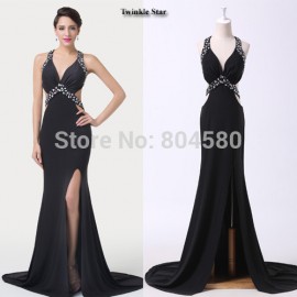   Sexy Women Backless Long Design Dance Party Gown Black Formal Occasion Evening dresses Slim Bandage dress  CL6280