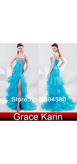 Amazing design Grace Karin Stock Strapless Organza Split Ball Mermaid Evening dresses fashion Blue Prom Party Dress gown CL4654
