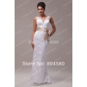  Design Deep V-neck Sexy Stock Floor Length Lace + Satin Bridal Wedding Dress  CL3850-1#