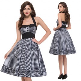 Halter Cotton Knee length Women Plaid Dress Vintage 50s 60s Masquerade Gown Housewife Rockabilly Swing Casual Party Dresses 