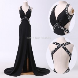 Deep V Neck Backless Black Color Sheath Slit Evening Dress Formal Party Gown Long Women Sexy Winter Prom dresses