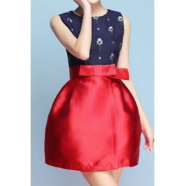 Elegant Jewel Neck Sleeveless Color Splicing Bowknot Dress For Women