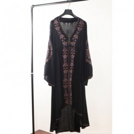 Ethnic Style V-Neck Embroidered Drawstring Waist Long Sleeve Women's Dress