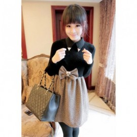 Exquisite Polo Neck Large Bowknot Embellished Splice Design Long Sleeve Women's Dress