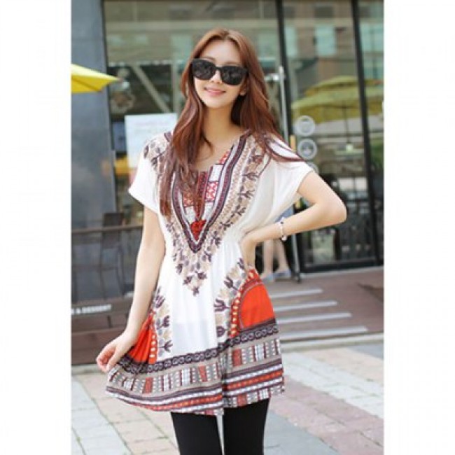 Retro Style V-Neck Ethnic Pattern Batwing Ice Cotton Dress For Women