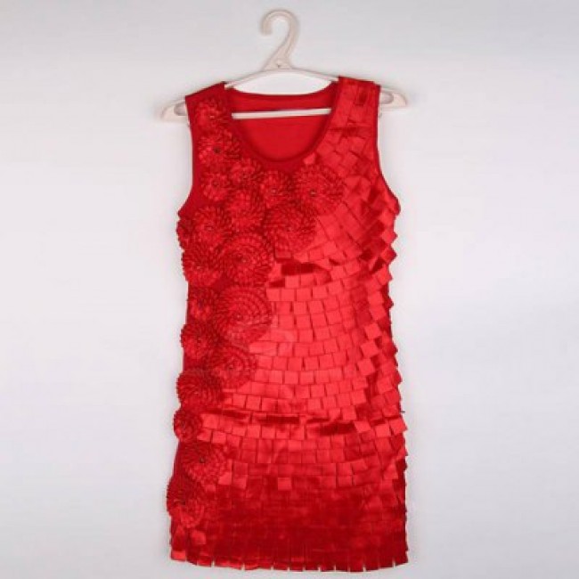 Scoop Neck Red Handmade Flowers Square Paster Women's Sleeveless Net+Satin Dress