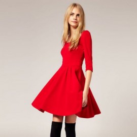 Slimming Solid Color Half Sleeves and Plunging Neck Big Hem Design Dress For Women
