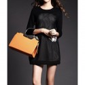 Vintage 3/4 Length Sleeves Solid Color Handmade Flowers Dress For Women