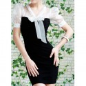 Vintage Bow Tie Collar Short Sleeves Color Splicing Dress For Women