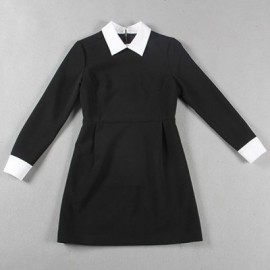 Vintage Flat Collar 3/4 Length Sleeves Color Splicing Dress For Women