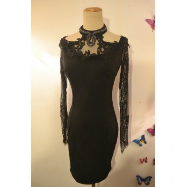 Vintage Halter Neck Lace Splicing Black Dress For Women