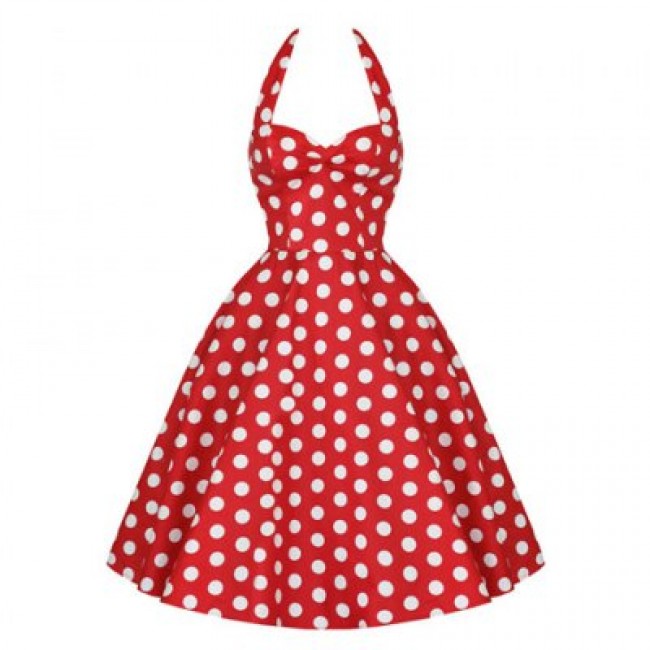 Vintage Halterneck Backless Red And White Polka Dot Print Ruffled Sleeveless Women's Dress