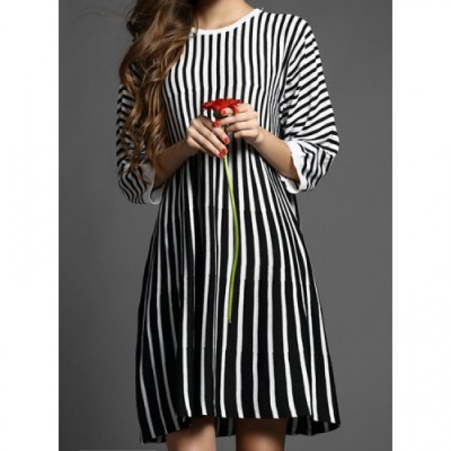 Vintage Jewel Neck 3/4 Length Sleeves Striped Dress For Women