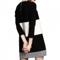Vintage Jewel Neck 3/4 Sleeves Color Block Striped Splicing Dress For Women