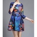 Vintage Jewel Neck 3/4 Sleeves Print Ball Gown Dress For Women