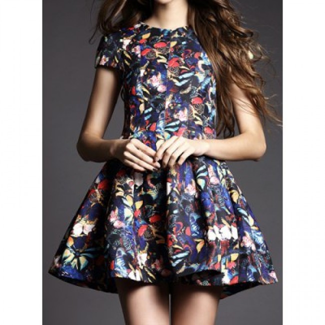 Vintage Jewel Neck Butterfly Printed Short Sleeves Dress For Women