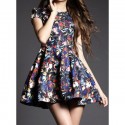 Vintage Jewel Neck Butterfly Printed Short Sleeves Dress For Women