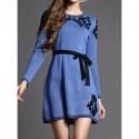 Vintage Jewel Neck Long Sleeves Embroidered Sweater Dress For Women