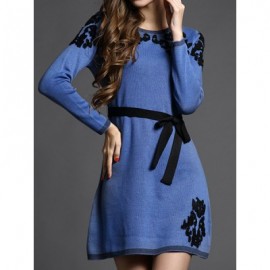 Vintage Jewel Neck Long Sleeves Embroidered Sweater Dress For Women