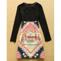 Vintage Jewel Neck Long Sleeves Lace Splicing Print Dress For Women