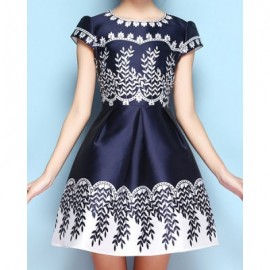 Vintage Jewel Neck Print Short Sleeves Dress For Women