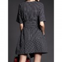 Vintage Jewel Neck Short Sleeves Polka Dot Belt Slit Asymmetric Dress For Women