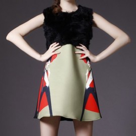 Vintage Jewel Neck Sleeveless Faux Fur Splicing Print Dress For Women
