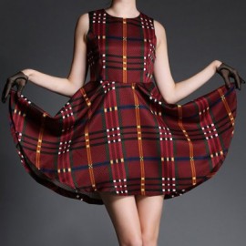Vintage Jewel Neck Sleeveless Plaid Print Dress For Women