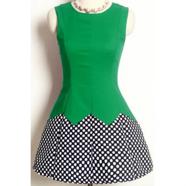 Vintage Jewel Neck Sleeveless Polka Dot Printed Splicing Dress For Women