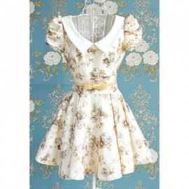 Vintage Peter Pan Collar Floral Print Bow Puff Sleeve Pleated Dress For Women