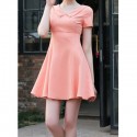 Vintage Peter Pan Collar Short Sleeves Beaded Solid Color Dress For Women