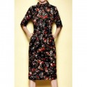 Vintage Round Collar 3/4 Sleeves Printed Dress For Women