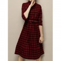 Vintage Round Collar 3/4 Sleeves Single Breasted Plaid Dress For Women