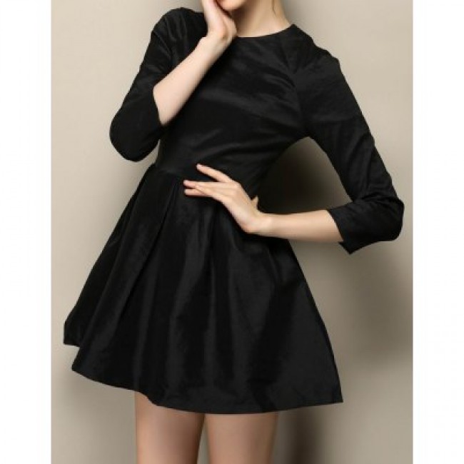 Vintage Round Neck 3/4 Sleeves Solid Color Dress For Women