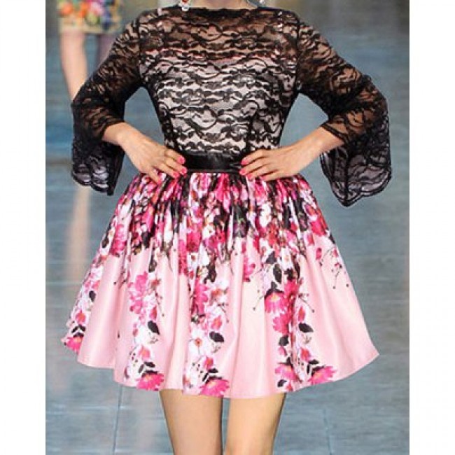 Vintage Round Neck Flare Sleeves Lace Splicing Floral Print Dress For Women