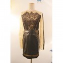 Vintage Round Neck Long Sleeves Lace Faux Leather Splicing Dress For Women