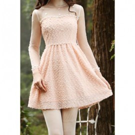 Vintage Round Neck Long Sleeves Voile Splicing Beaded Dress For Women