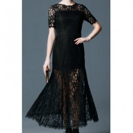 Vintage Round Neck Short Sleeves Black Lace Long Dress For Women