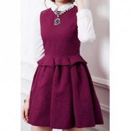 Vintage Round Neck Solid Color Splicing Sleeveless Dress For Women