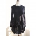 Vintage Ruff Collar Long Sleeves Voile Splicing Beaded Dress For Women