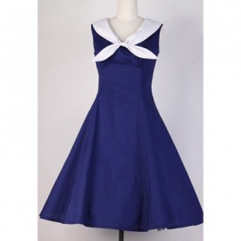 Vintage Sailor Collar Solid Color Sleeveless Pleated Dress For Women