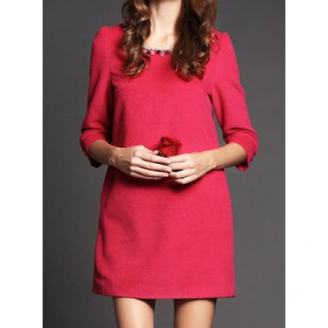 Vintage Scoop Neck 3/4 Length Sleeves Solid Color Beaded Dress For Women