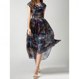 Vintage Scoop Neck Abstract Print Flounce Chiffon Long Dress For Women