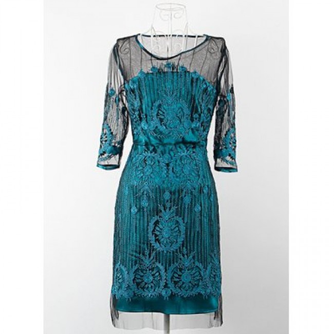 Vintage Scoop Neck Half Sleeves Voile Splicing Embroidered Dress For Women